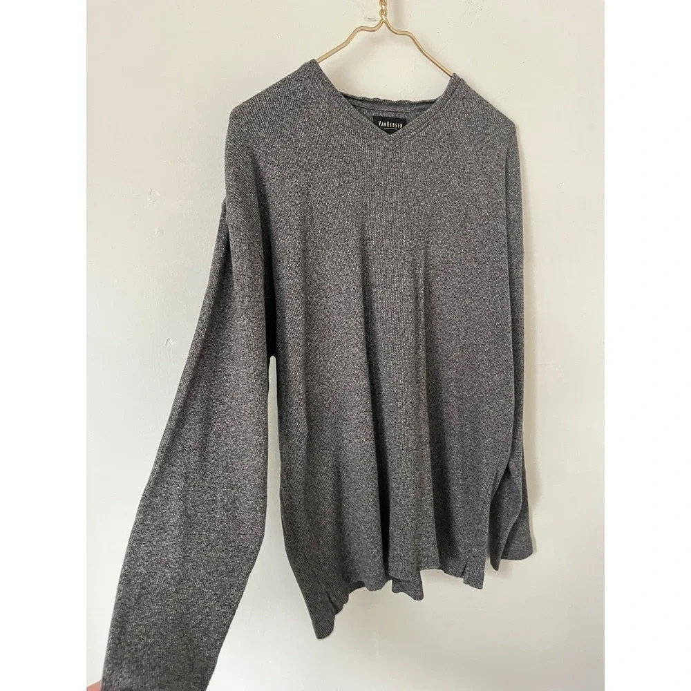 Van Heusen Charcoal Gray V-Neck Ribbed Knit Sweater Pullover Top Size L Cotton
